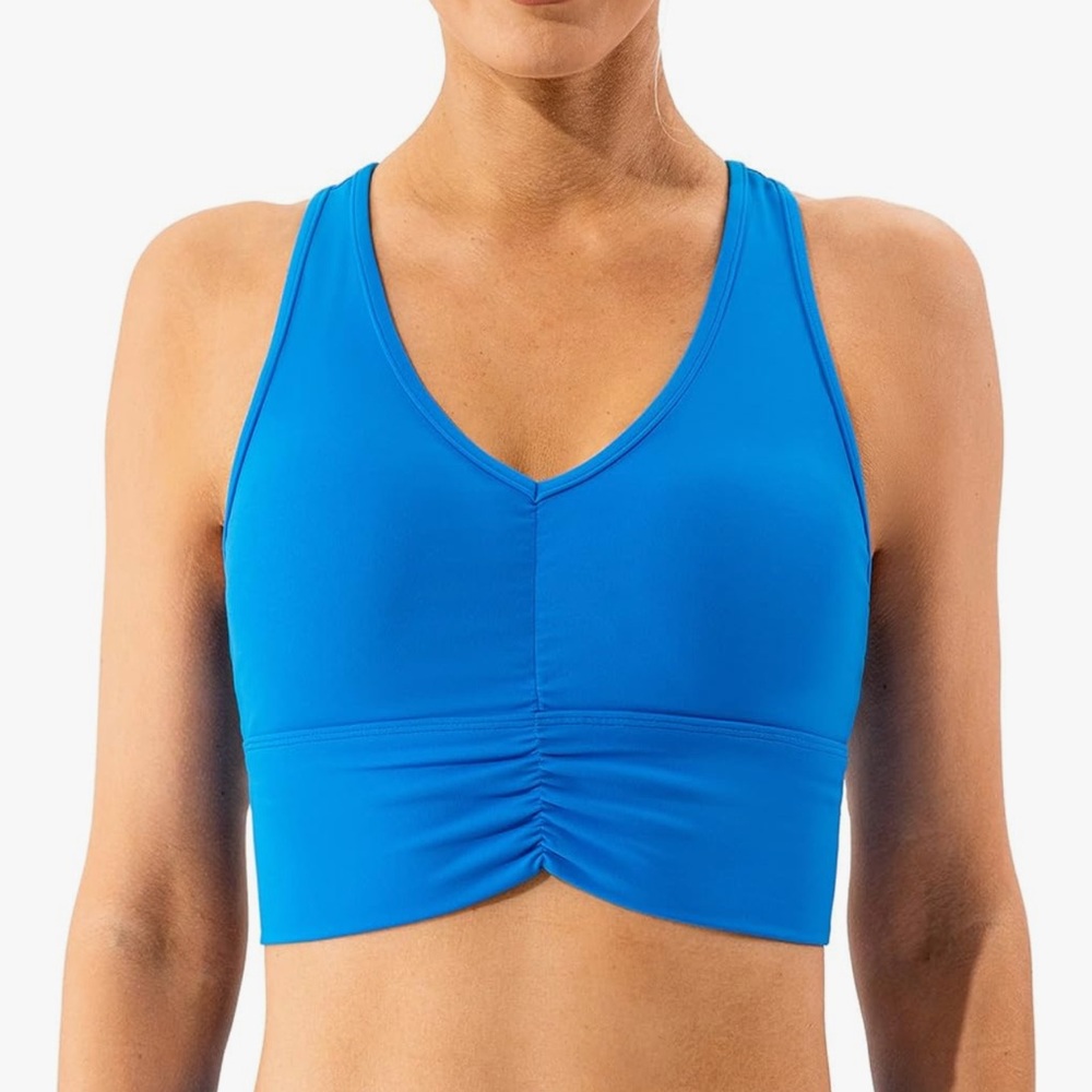 V-Neck Racerback Sports Bra - Ruched Longline Yoga Cropped Top